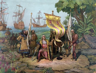 Columbus birtokba veszi az Új Országot, pub.1893 (színes litho)